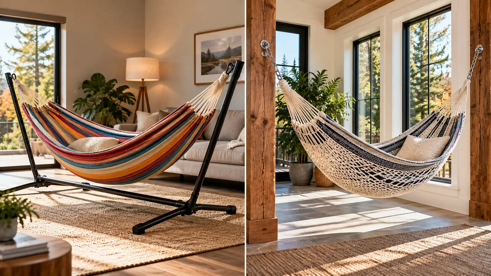 Indoor hammock shown with a freestanding hammock stand and fixed hanging hardware options