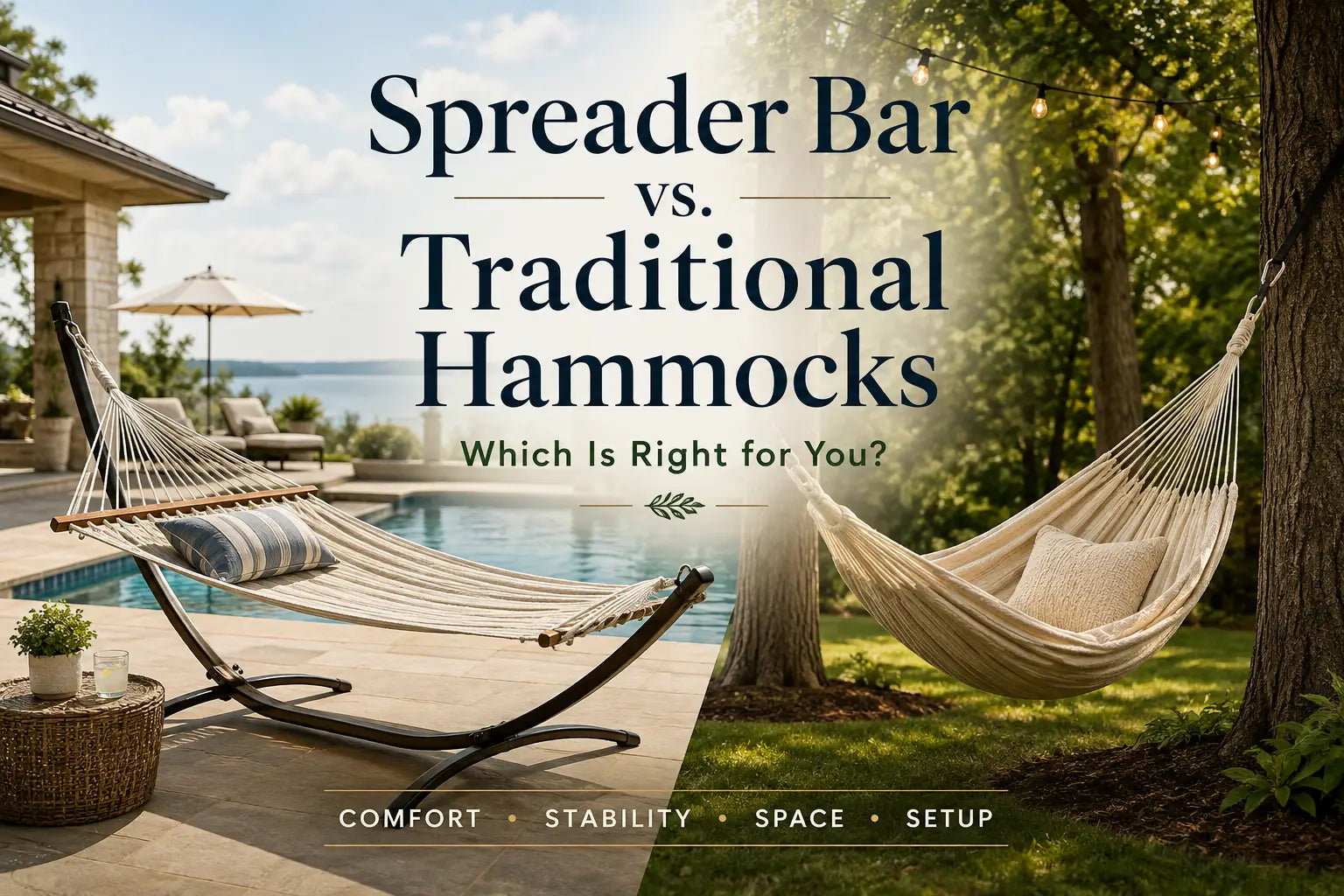 Spreader bar hammock and traditional gathered-end hammock shown in a backyard