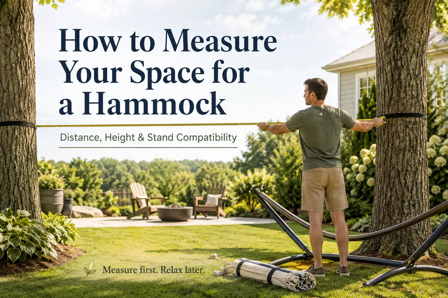 Measuring the distance between two trees before installing a backyard hammock
