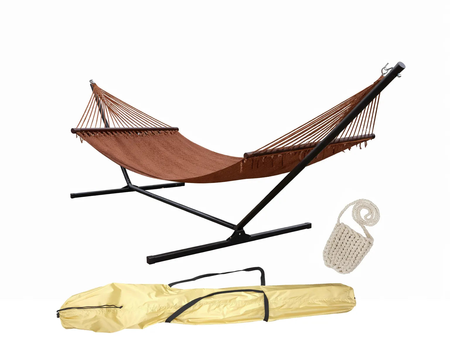 Hammock Universe Canada Canada Ultimate Backyard Hammock Bundle – Deluxe Polyester Rope Hammock with 3-Beam Stand, Drink Holder & Carrier Bag coffee 642135811849 50703-Coffee+15TBSB-bundle