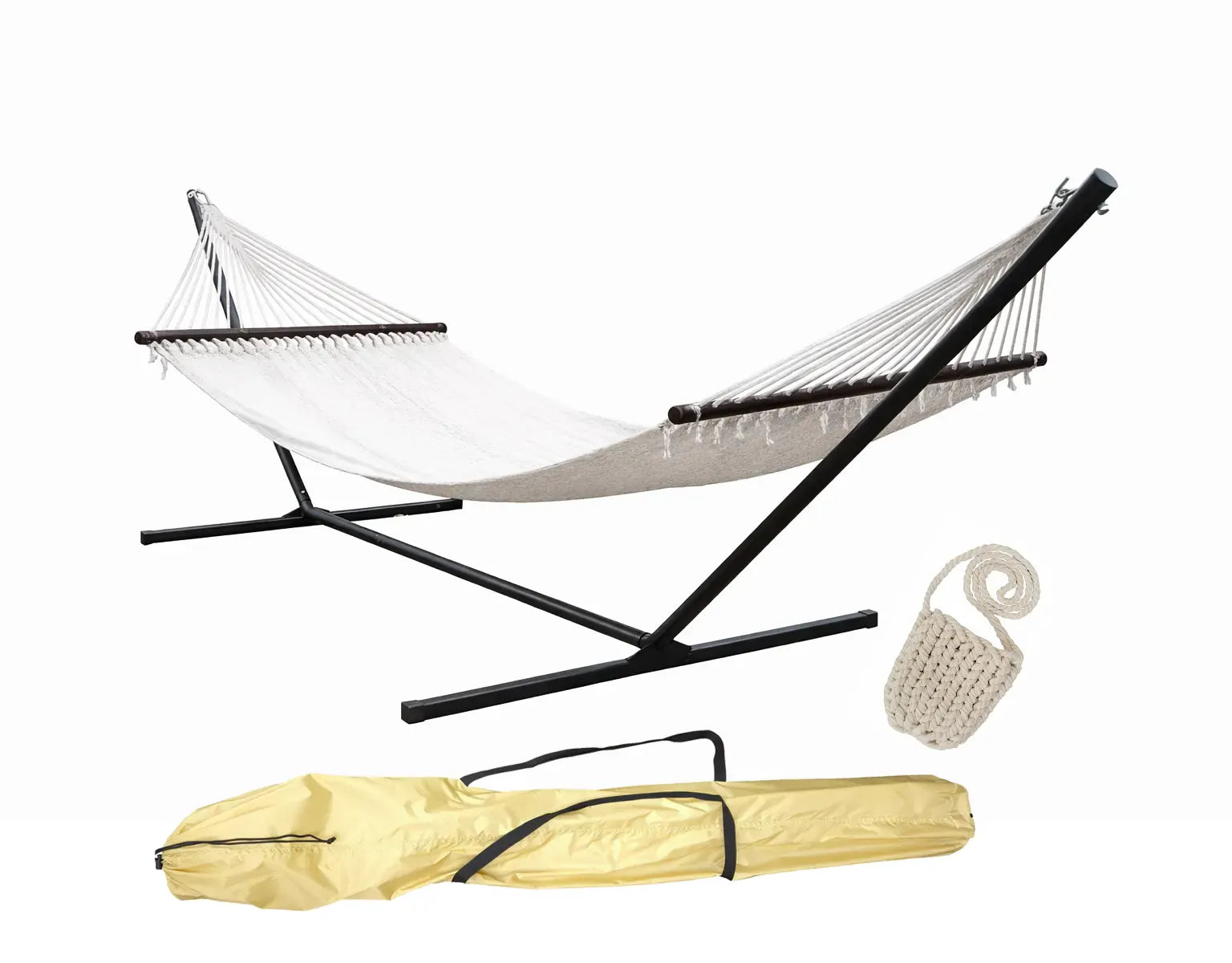 Hammock Universe Canada Canada Ultimate Backyard Hammock Bundle – Deluxe Polyester Rope Hammock with 3-Beam Stand, Drink Holder & Carrier Bag cream 642135811856 50703-Cream+15TBSB-bundle
