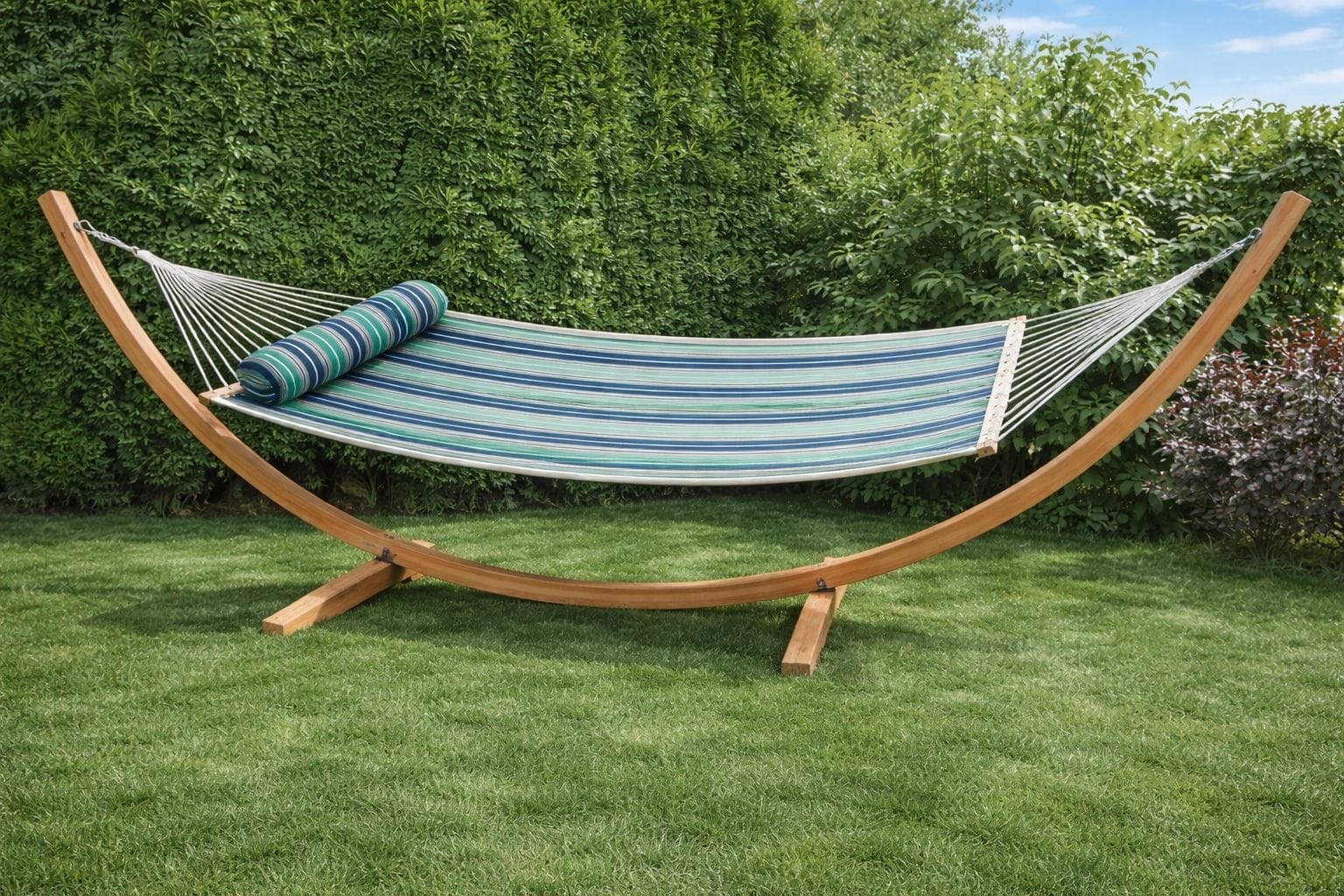 Hammock Universe Canada Premium Eucalyptus Wood Hammock Stand and Deluxe Quilted Hammock green-blue-grey-white-stripes 642135811962 E-HS+QHD-GBGW