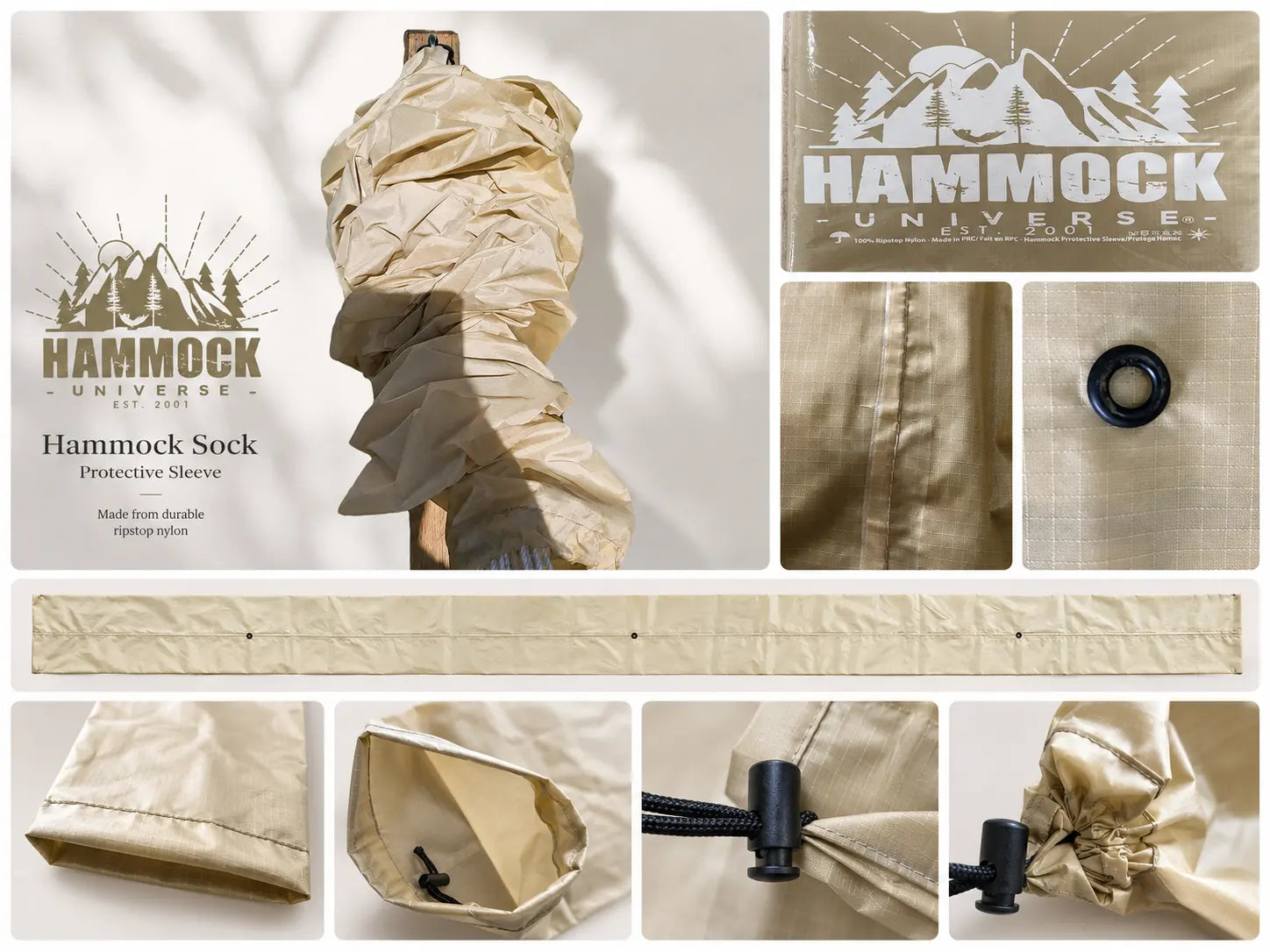 Collage of a beige hammock sock with branding and product details.
