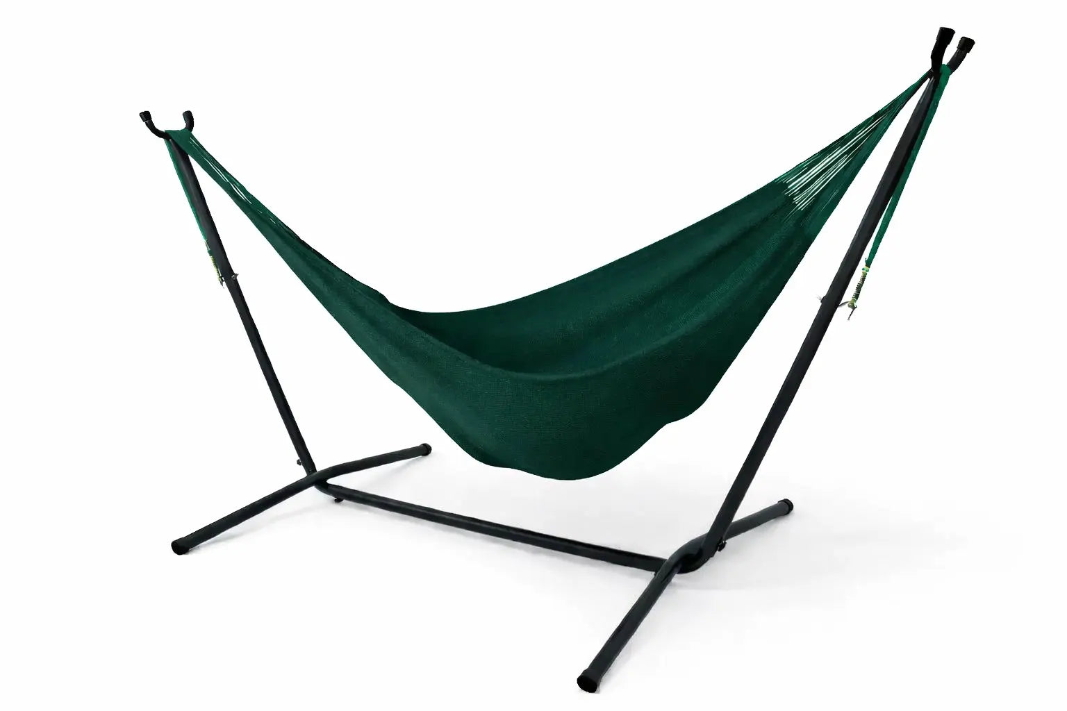 Green hammock with black stand on a white background