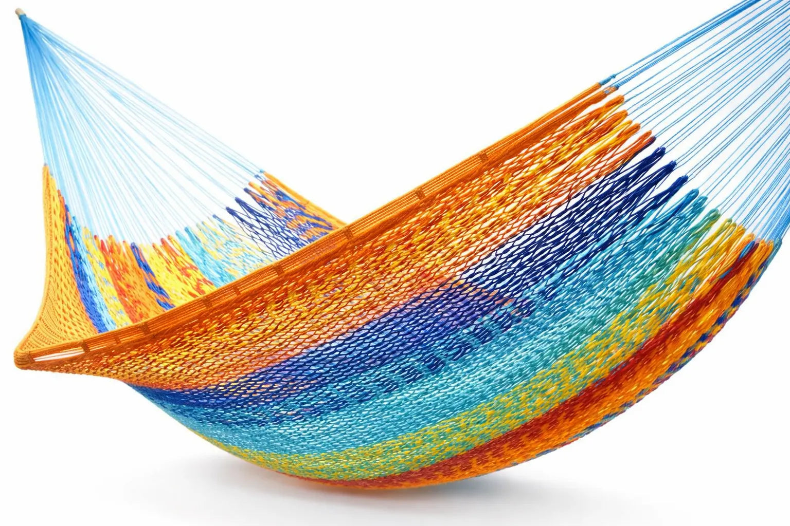 Colorful hammock with blue, orange, and yellow pattern on a white background #24-MHXLTC-H