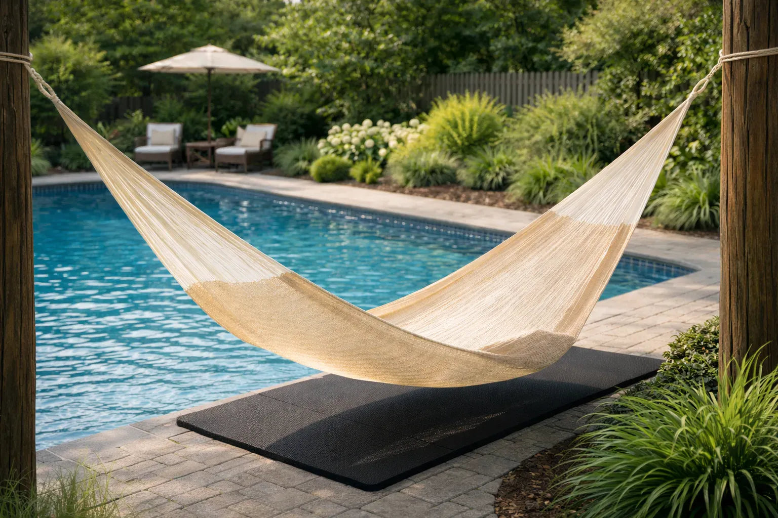 Hammock by a pool with garden and chairs in the background #24-MHXLTC-N