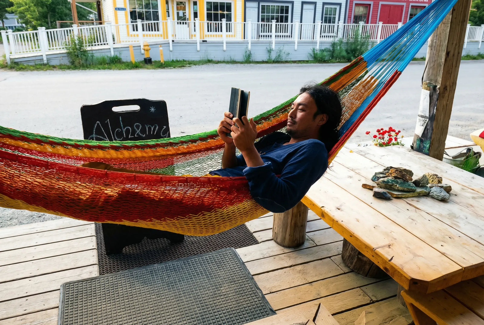 Person reading a book in a colorful hammock on a wooden deck with a chalkboard sign in the background. #24-MHXLTC-H