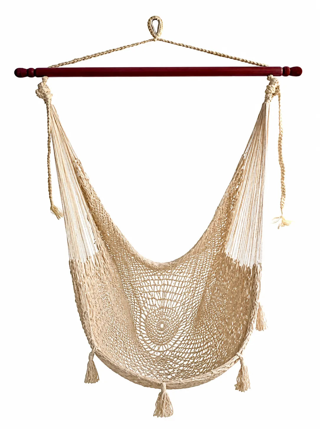 Beige hammock chair with wooden rod on a white background