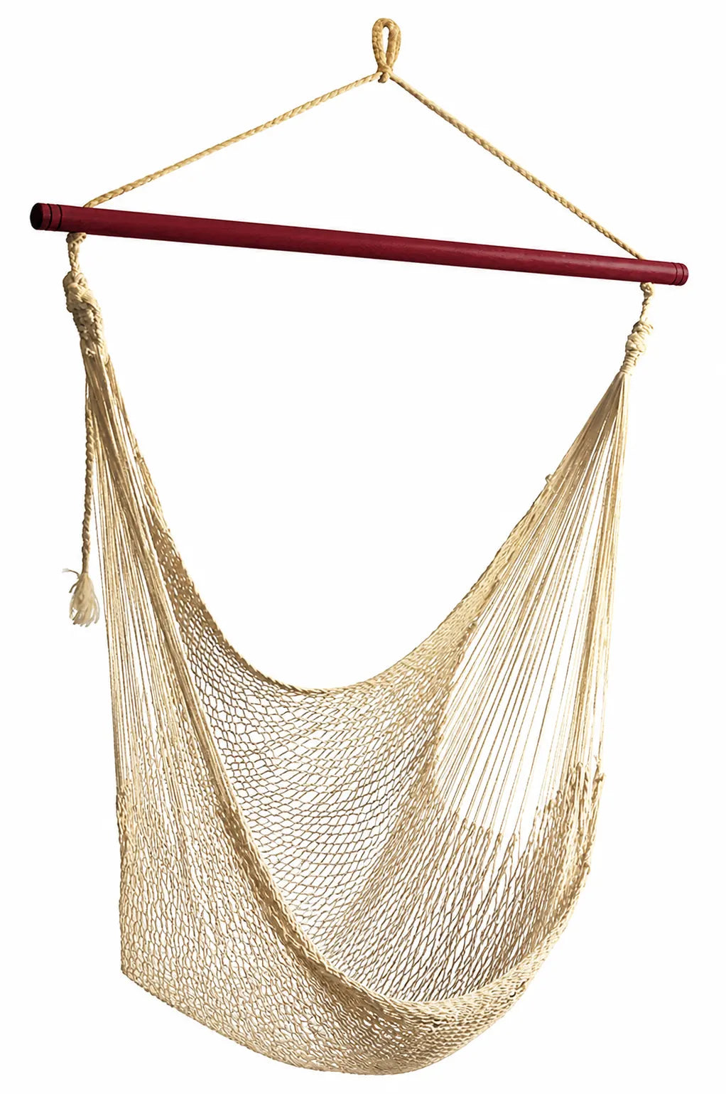 Beige hammock chair with wooden rod on a white background