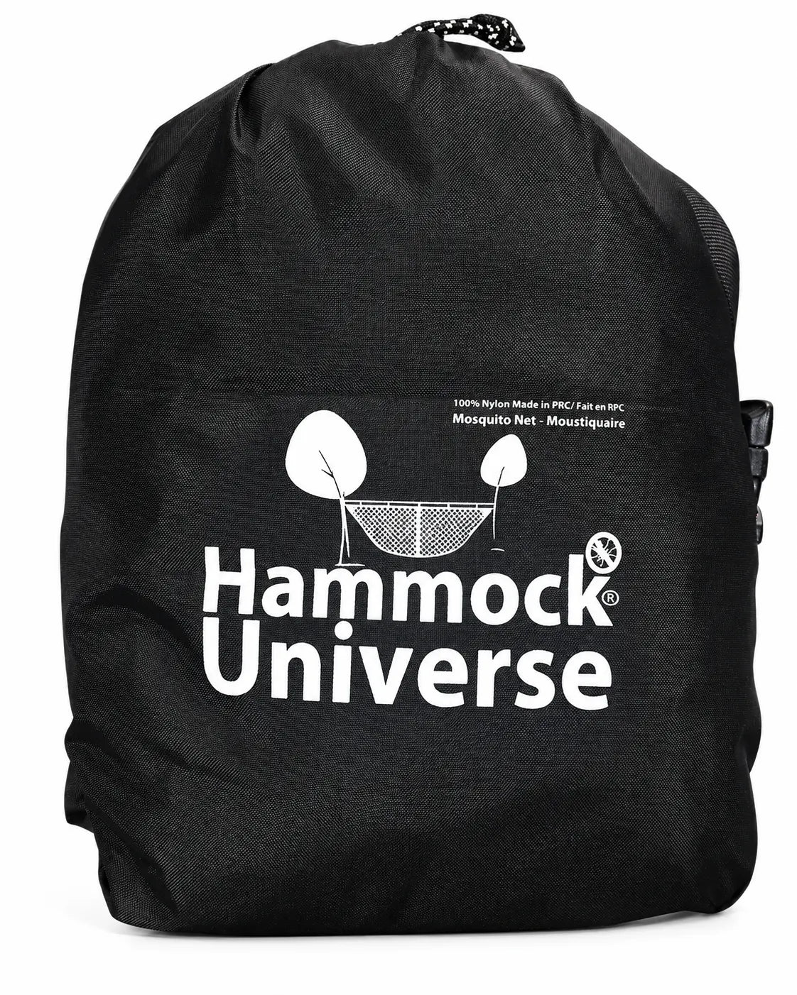 Black drawstring bag with 'Hammock Universe' branding on a white background