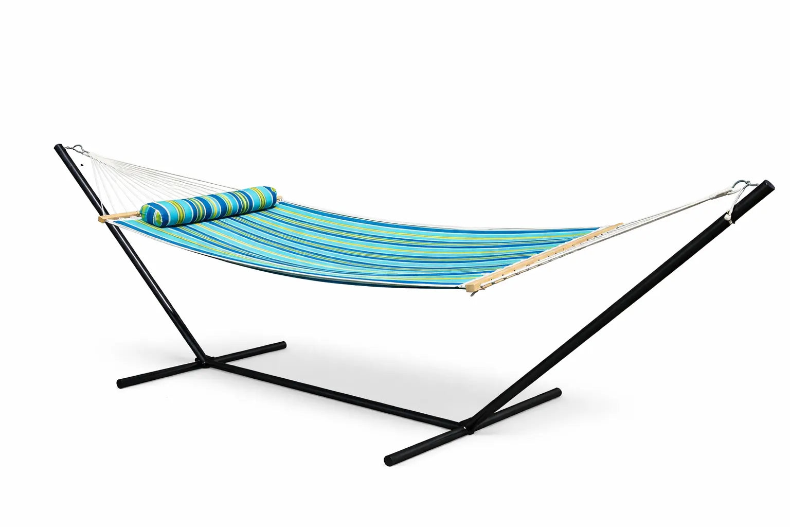 Blue striped hammock on a black stand against a white background QHD-CAROLINA+15TBSB