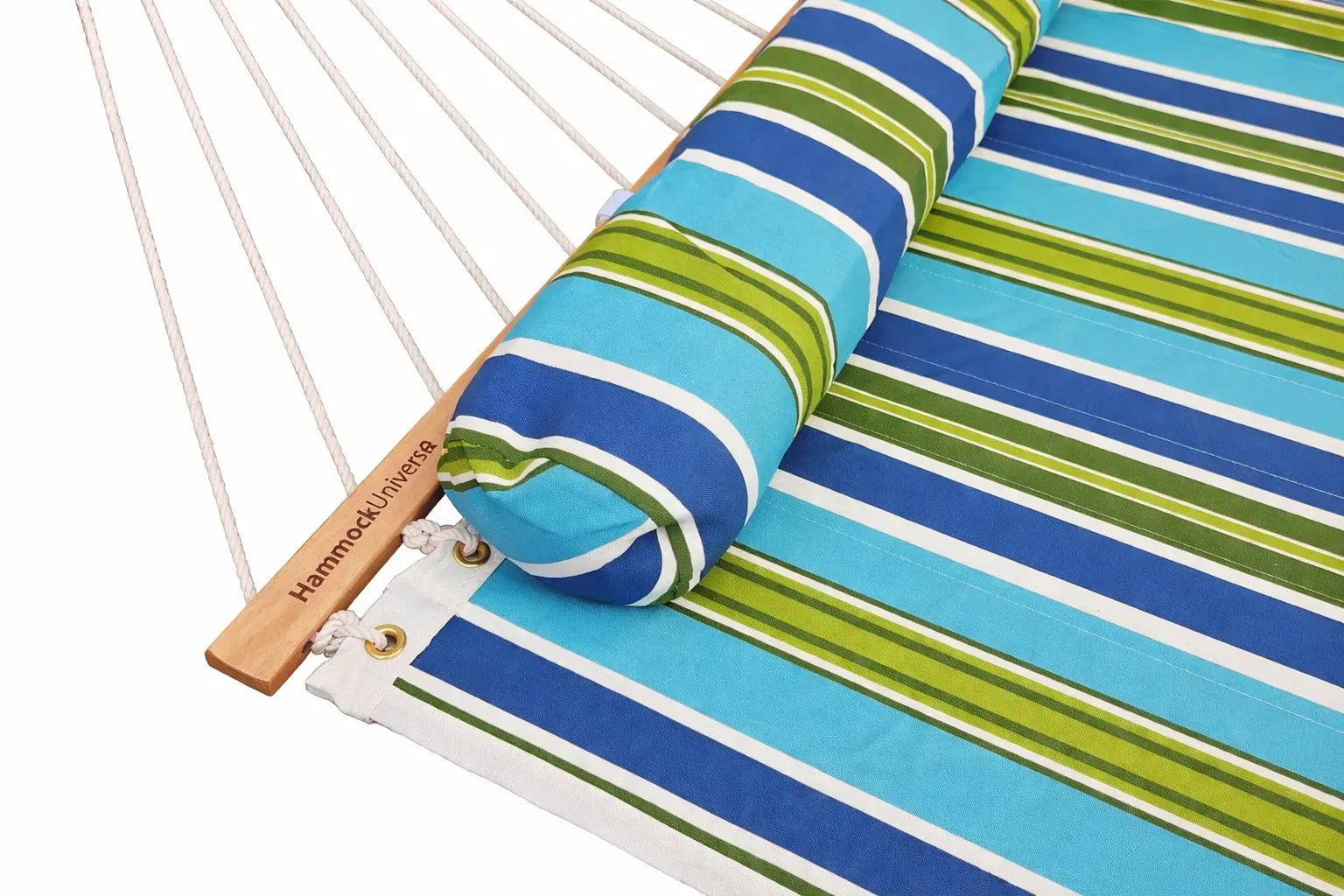 Roll of blue and green striped fabric with wooden tag on a white background QHD-CAROLINA