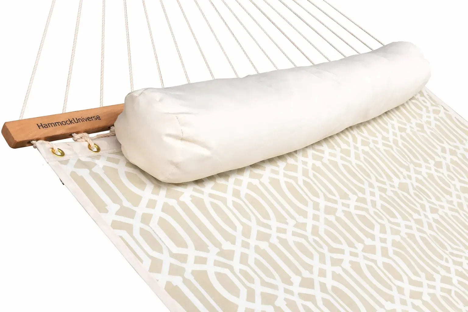 Roll of hammock fabric on a white and beige patterned hammock with 'Hammock Universe' branding. QHD-COUNTRY+15TBSB