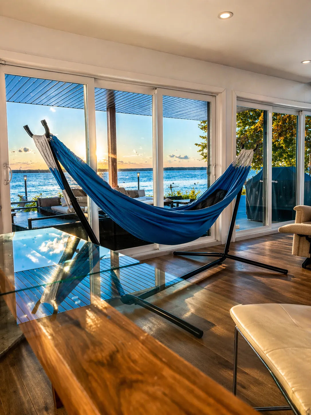 Blue hammock in a modern living room with large windows overlooking a scenic view.
