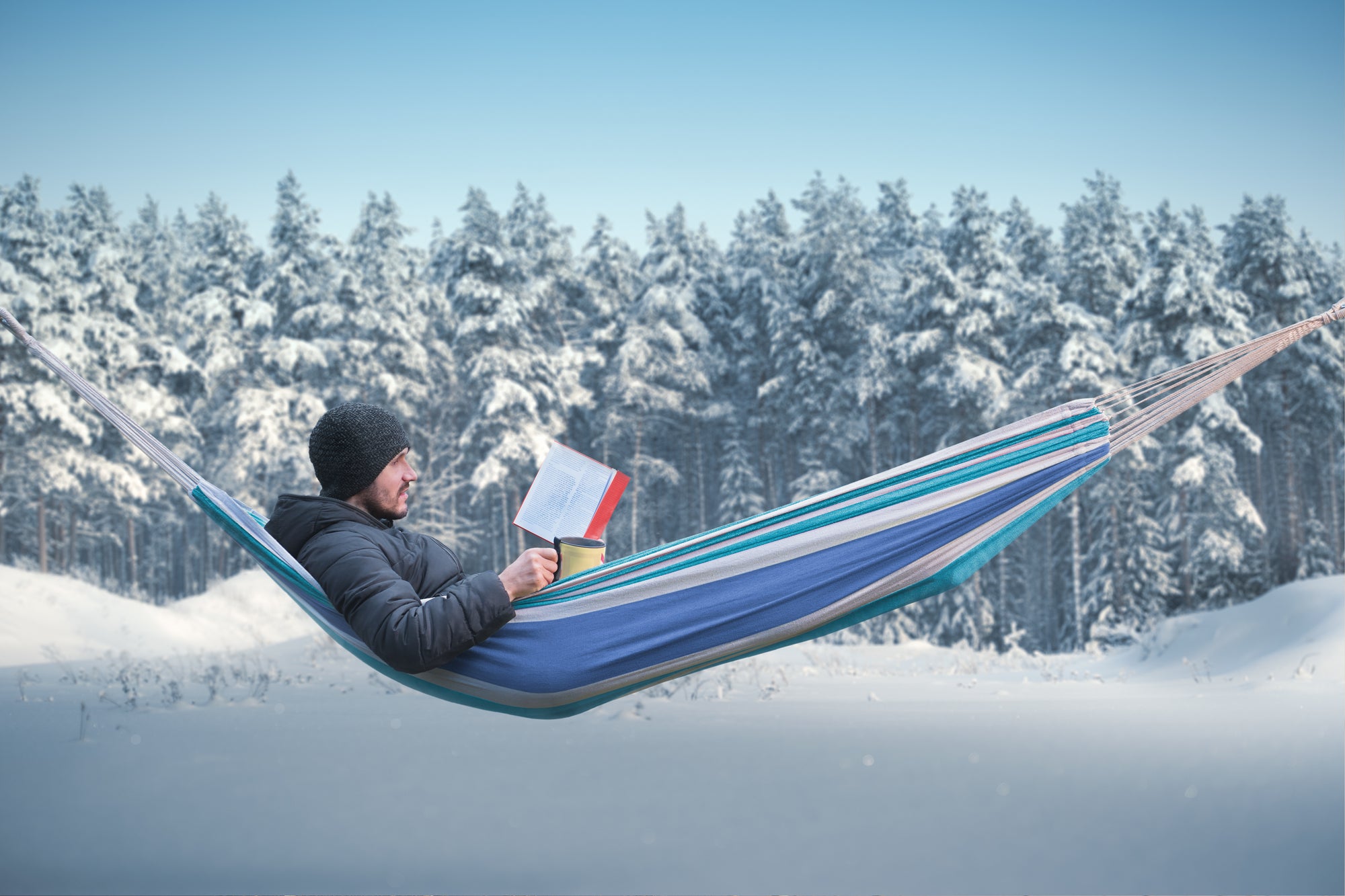 A man reading in a hammock in a snowy forest.