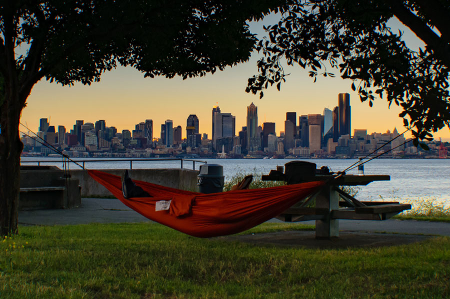 A person reading a book in a hammock, in a park with a view of the city.