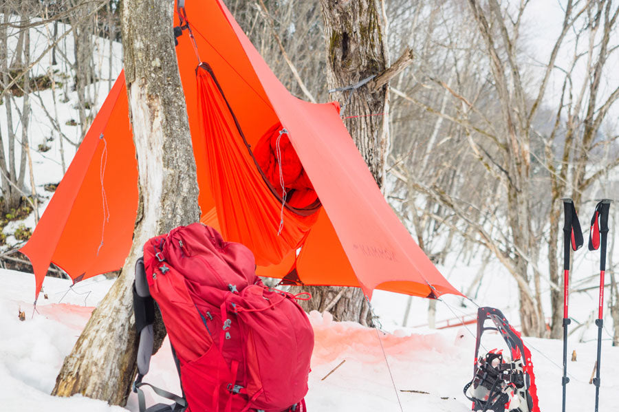 A hammock under a hammock tarp with a backpack, snowshoes and walking sticks in a snowy forest. 