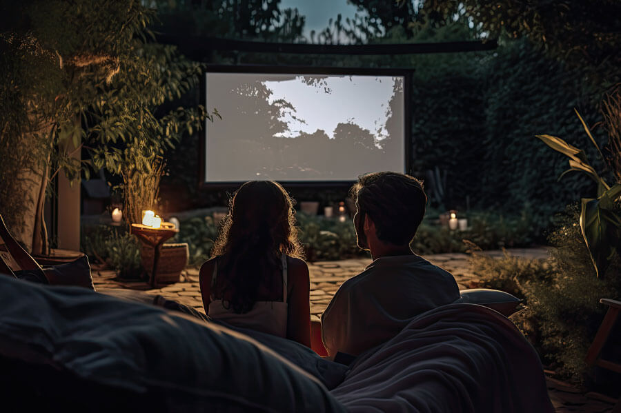 Couple sitting outside and watching a movie under the stars