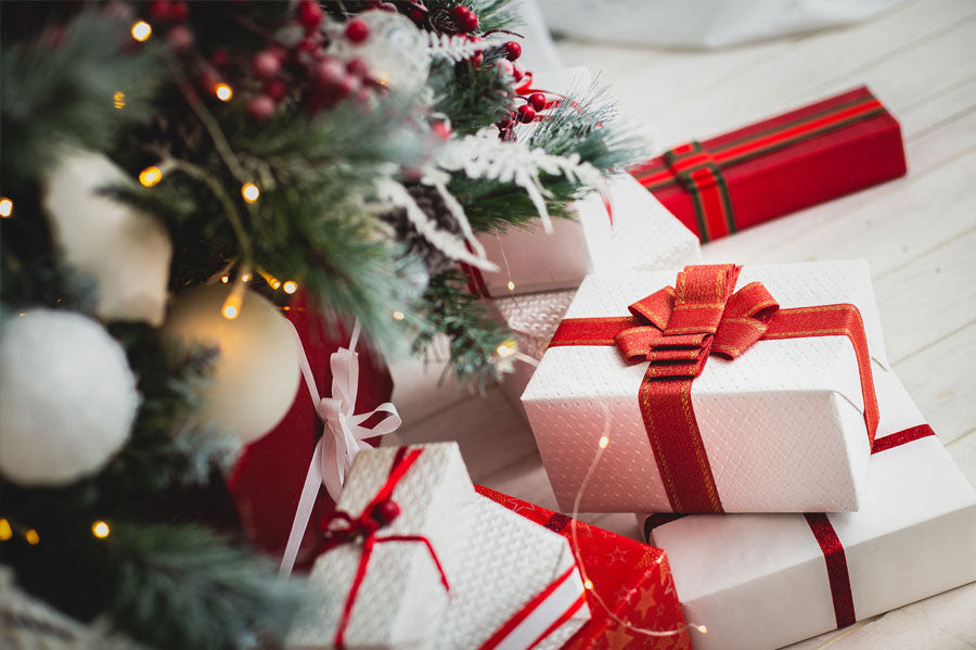 Wrapped presents under a decorated Christmas tree.