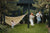 a family spenidng time outdoors, in their green backyard. Parents on the swing, daughter in a hammock