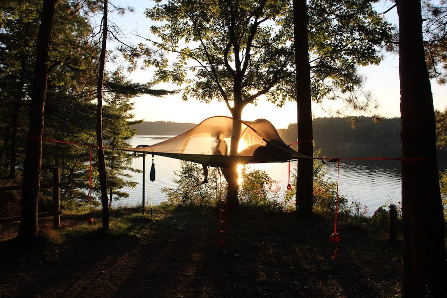 A person sitting in a hanging tent at sunset in the woods.