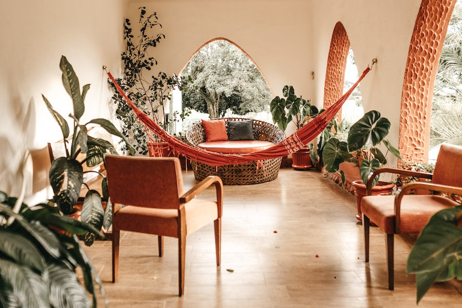 A vertical shot of an interior with house plants and a hammock in red and white tones
