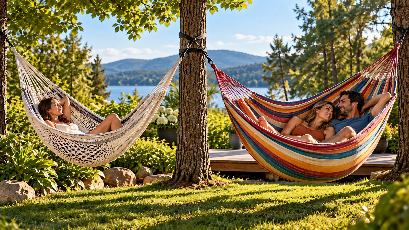 Single and double traditional hammocks displayed side by side in a backyard