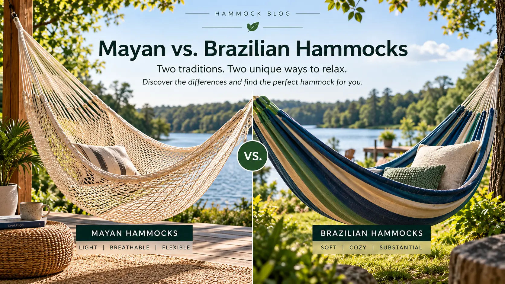  Side-by-side comparison of a Mayan hammock and a Brazilian hammock hanging outdoors by a lake, highlighting their differences in weave, feel and style