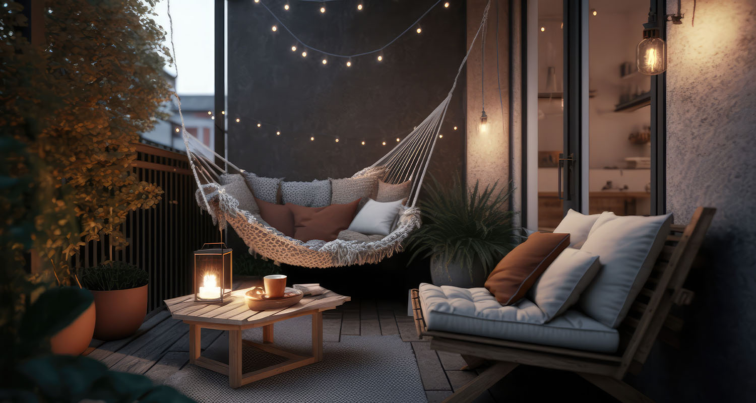 Appartment balcony all lit up by decorative lights over a comfortable hammock 