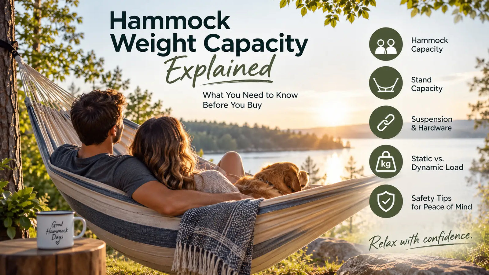 Couple and dog relaxing in a hammock by a lake at sunset, with icons summarizing key weight capacity factors: hammock capacity, stand capacity,