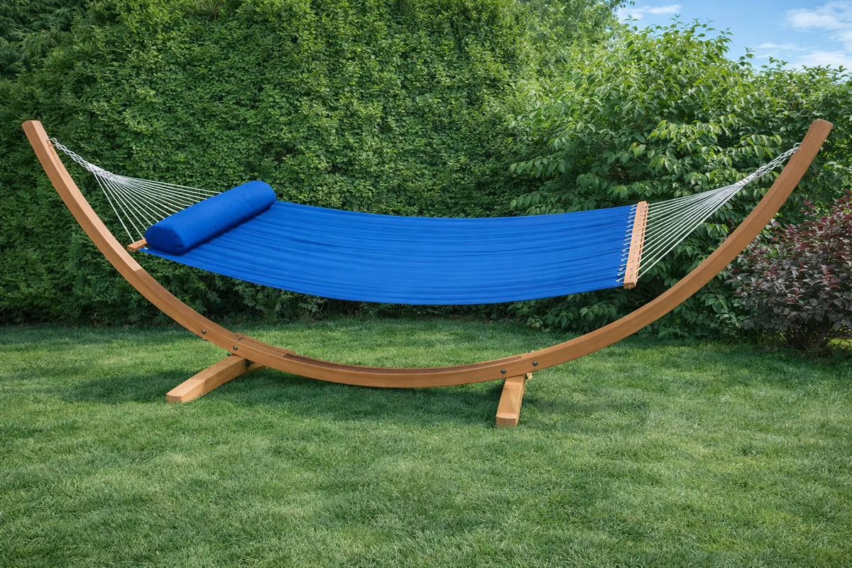 Hammock Universe Canada Premium Eucalyptus Wood Hammock Stand and Deluxe Olefin Quilted Hammock light-blue 642135811979 E-HS+QDOLE-LB