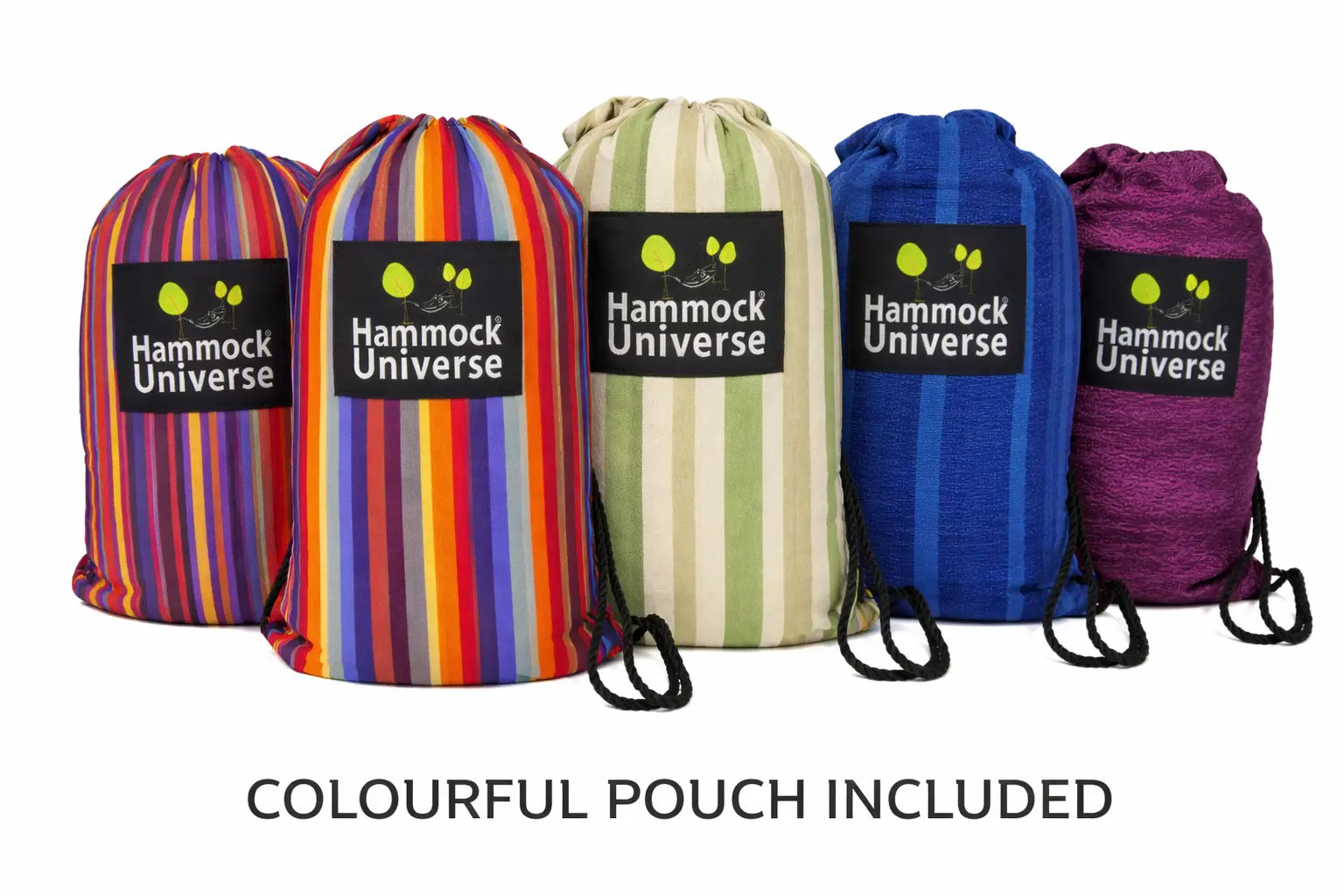 Five colorful hammock bags with drawstrings and 'Hammock Universe' branding on a white background.  Hammock Universe Canada Premium Brazilian Style Double Hammock 20188,20190,20191,20192,2019320188+75121,20190+75121,20191+75121,20192+75121,20193+75121