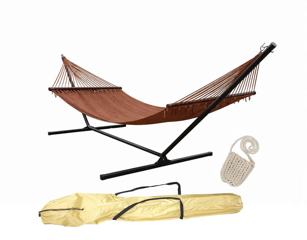 Hammock Universe Canada Canada Ultimate Backyard Hammock Bundle – Deluxe Polyester Rope Hammock with 3-Beam Stand, Drink Holder & Carrier Bag coffee 642135811849 50703-Coffee+15TBSB-bundle