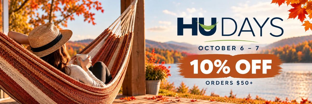 Promotional banner for HU Days featuring a woman relaxing in a striped hammock by a lake with autumn trees, alongside text reading 'October 6 - 7, 10% Off, Orders $50+'.