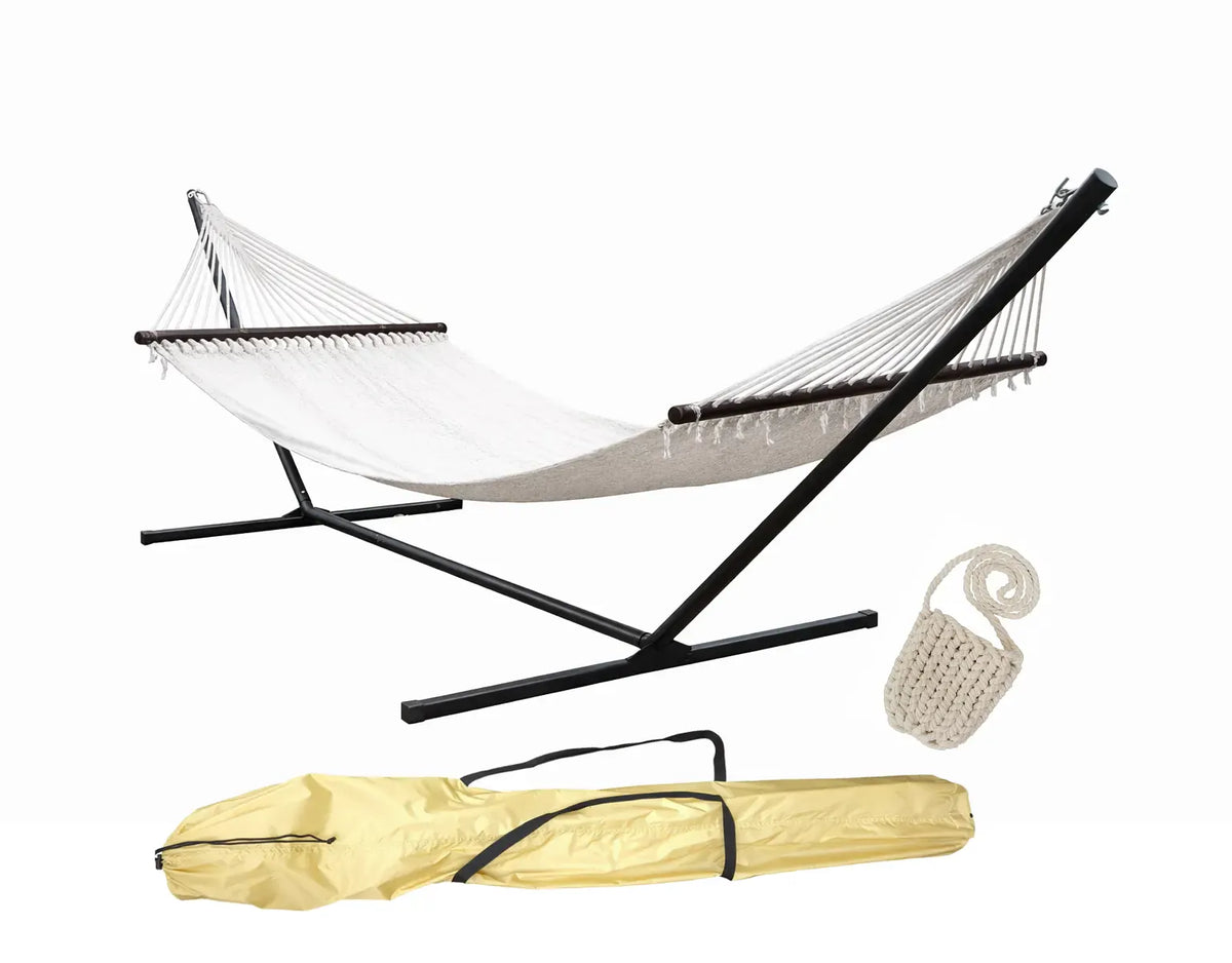 Hammock Universe Canada Canada Ultimate Backyard Hammock Bundle – Deluxe Polyester Rope Hammock with 3-Beam Stand, Drink Holder &amp; Carrier Bag cream 642135811856 50703-Cream+15TBSB-bundle