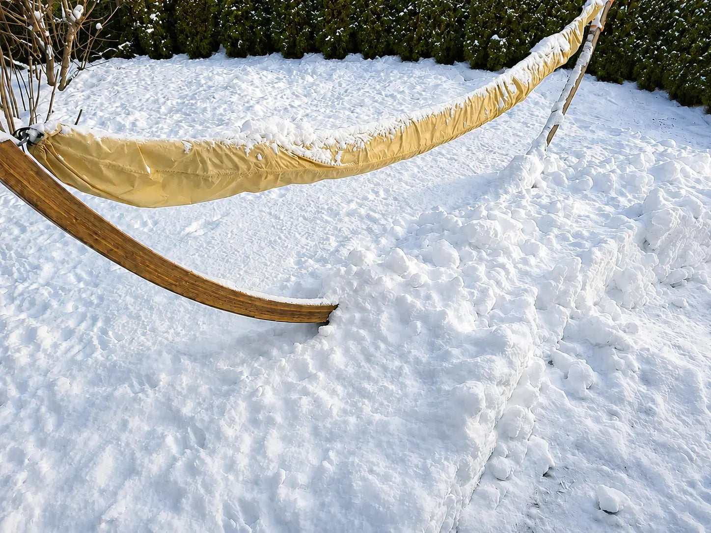 Hammock in the snow with a background of snow-covered ground and trees.