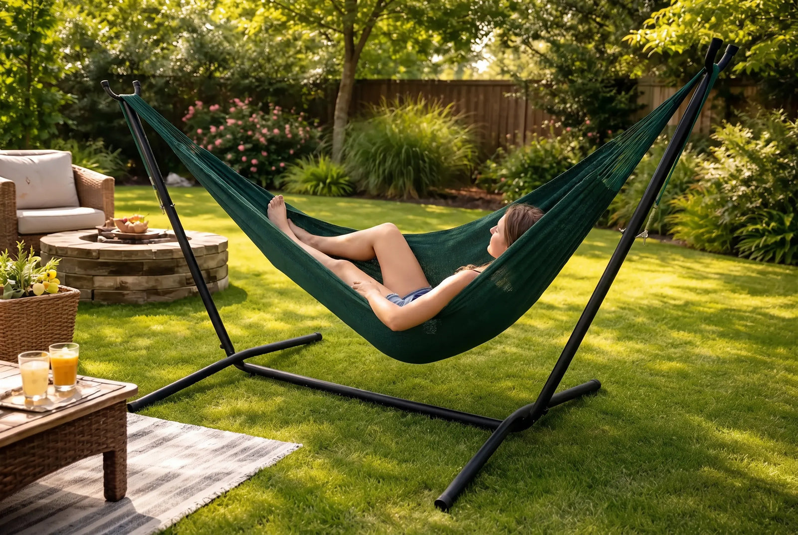 Person relaxing in a green hammock with a stand on a grassy lawn.
