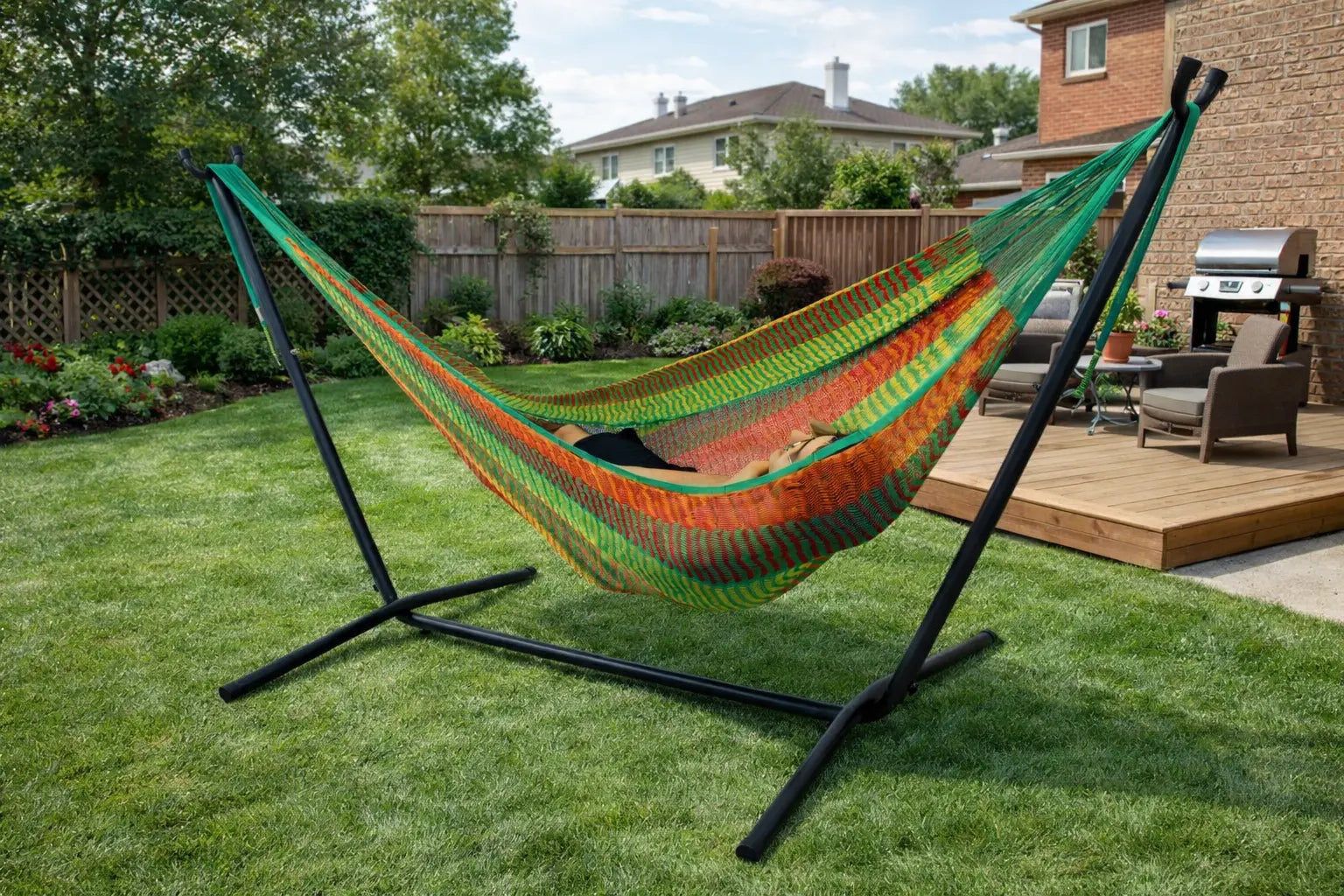 Colorful hammock on a stand in a backyard setting with a house and garden in the background.