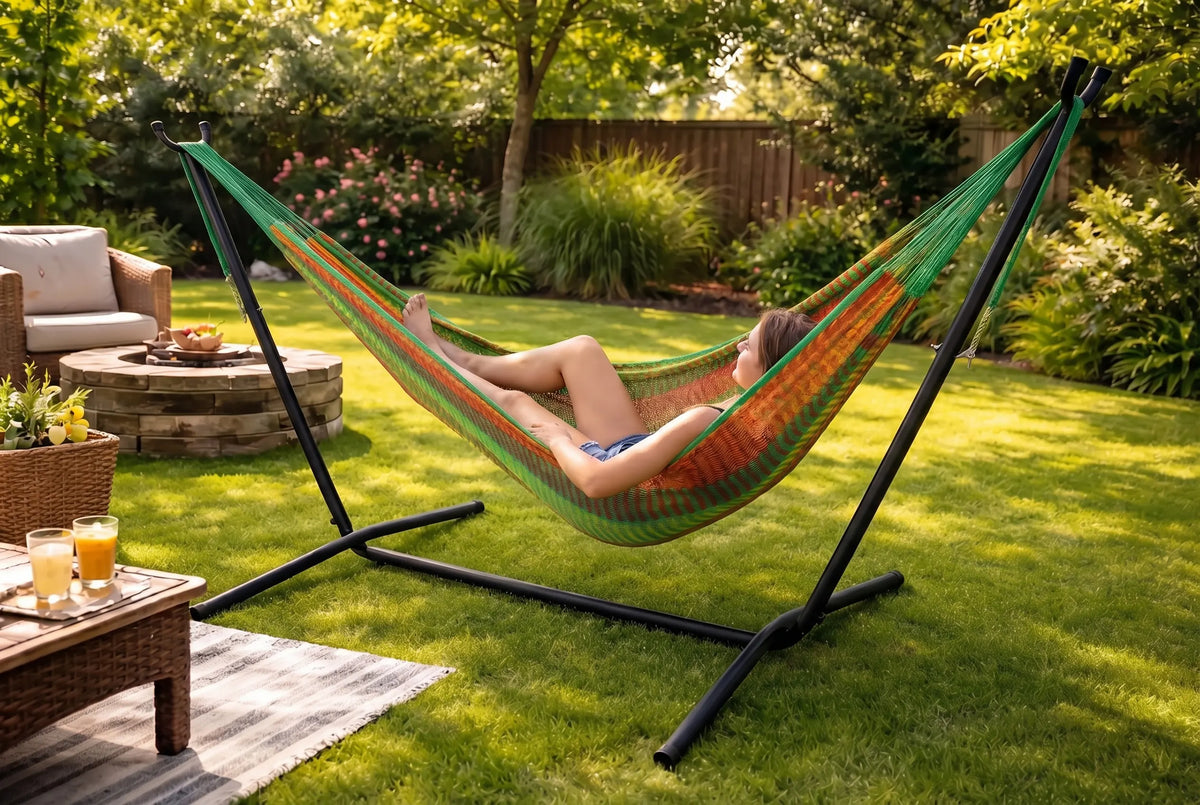 Person relaxing in a colorful hammock with a stand in a garden setting.