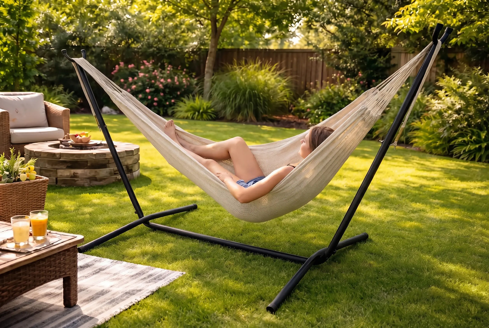 Person relaxing in a hammock with a stand in a garden setting