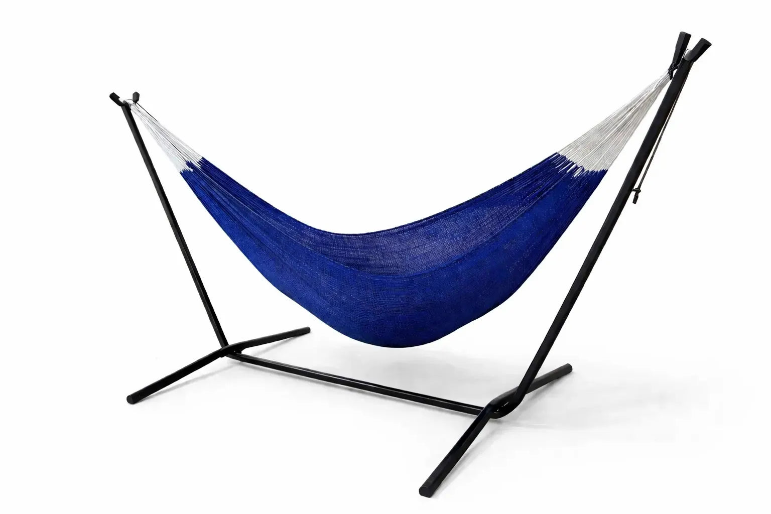 Blue hammock on a black stand against a white background