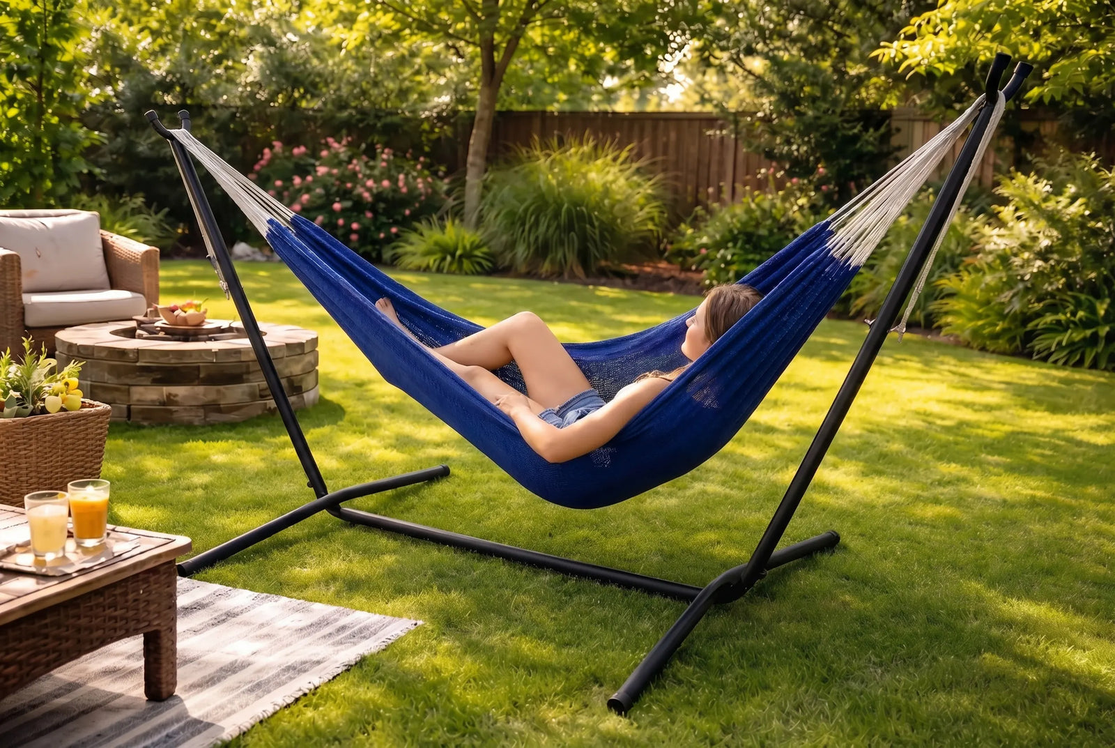 Person relaxing in a blue hammock on a stand in a garden setting