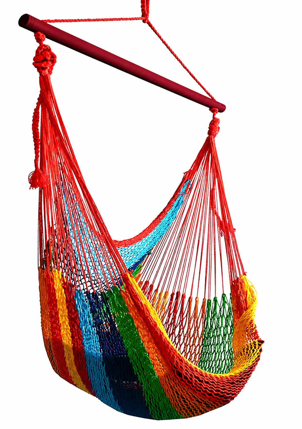 Colorful hammock chair with a red frame on a white background