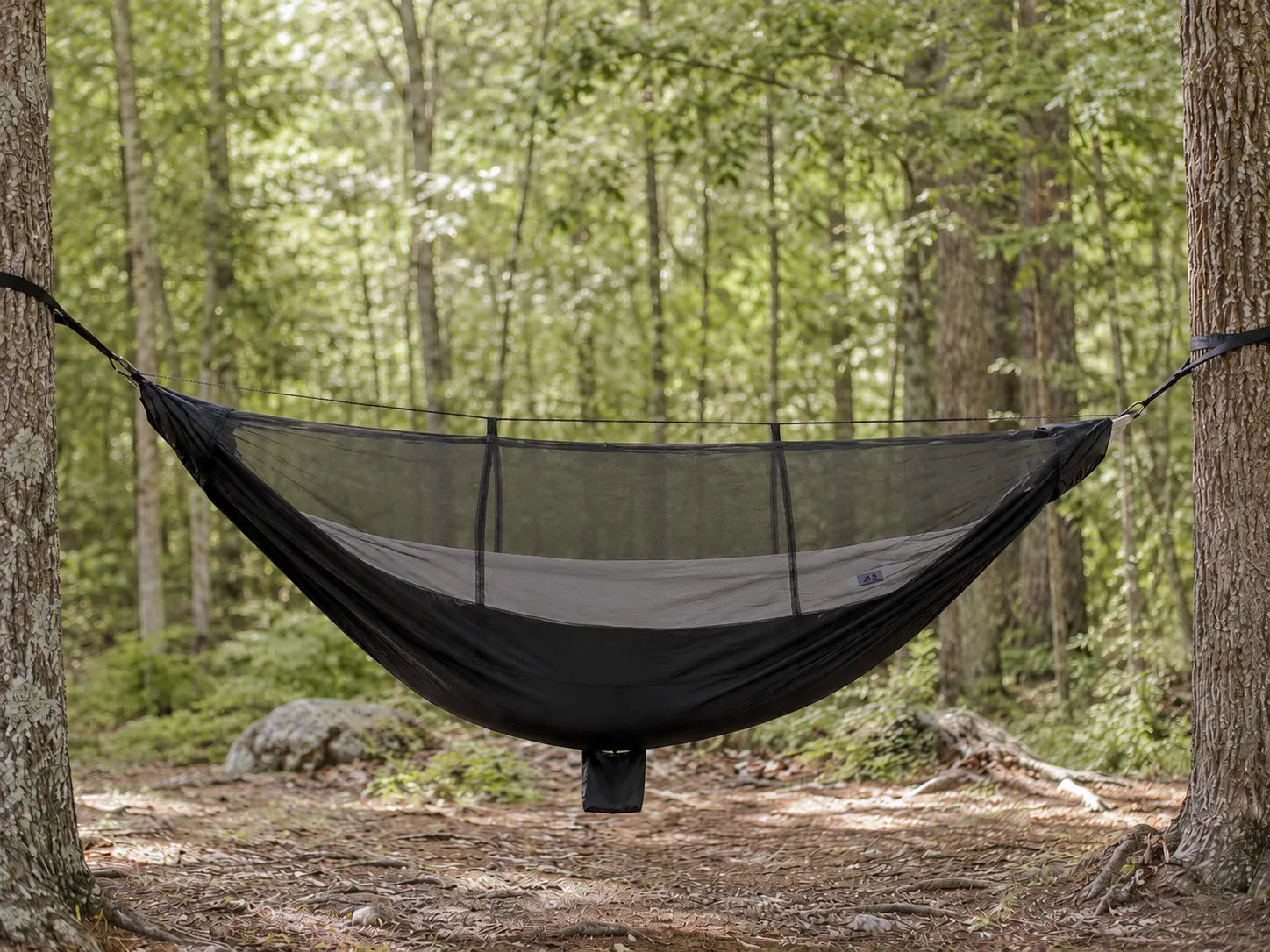 Person relaxing in a hammock with mosquito net in a forest setting