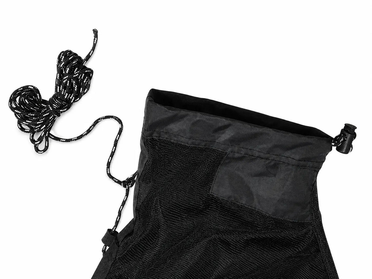 Black drawstring bag with a long black cord on a white background