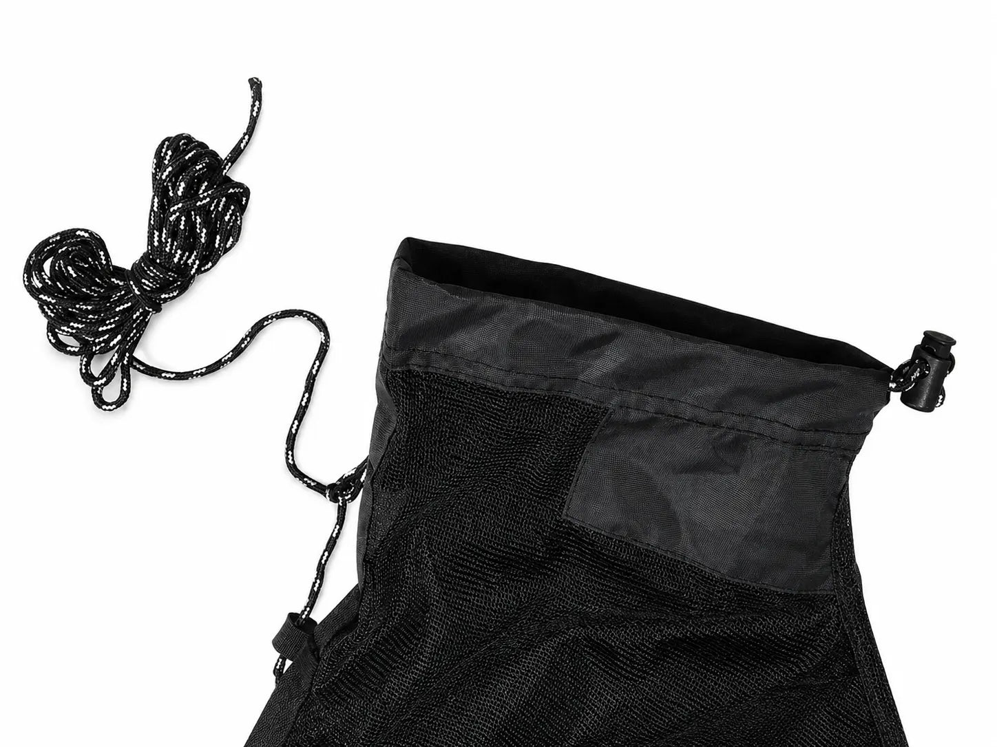 Black drawstring bag with a long black cord on a white background