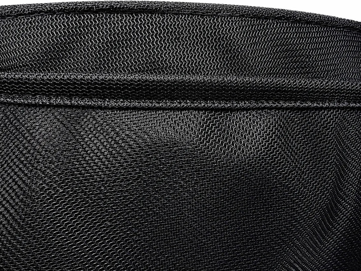 Close-up of a black woven bag with visible stitching