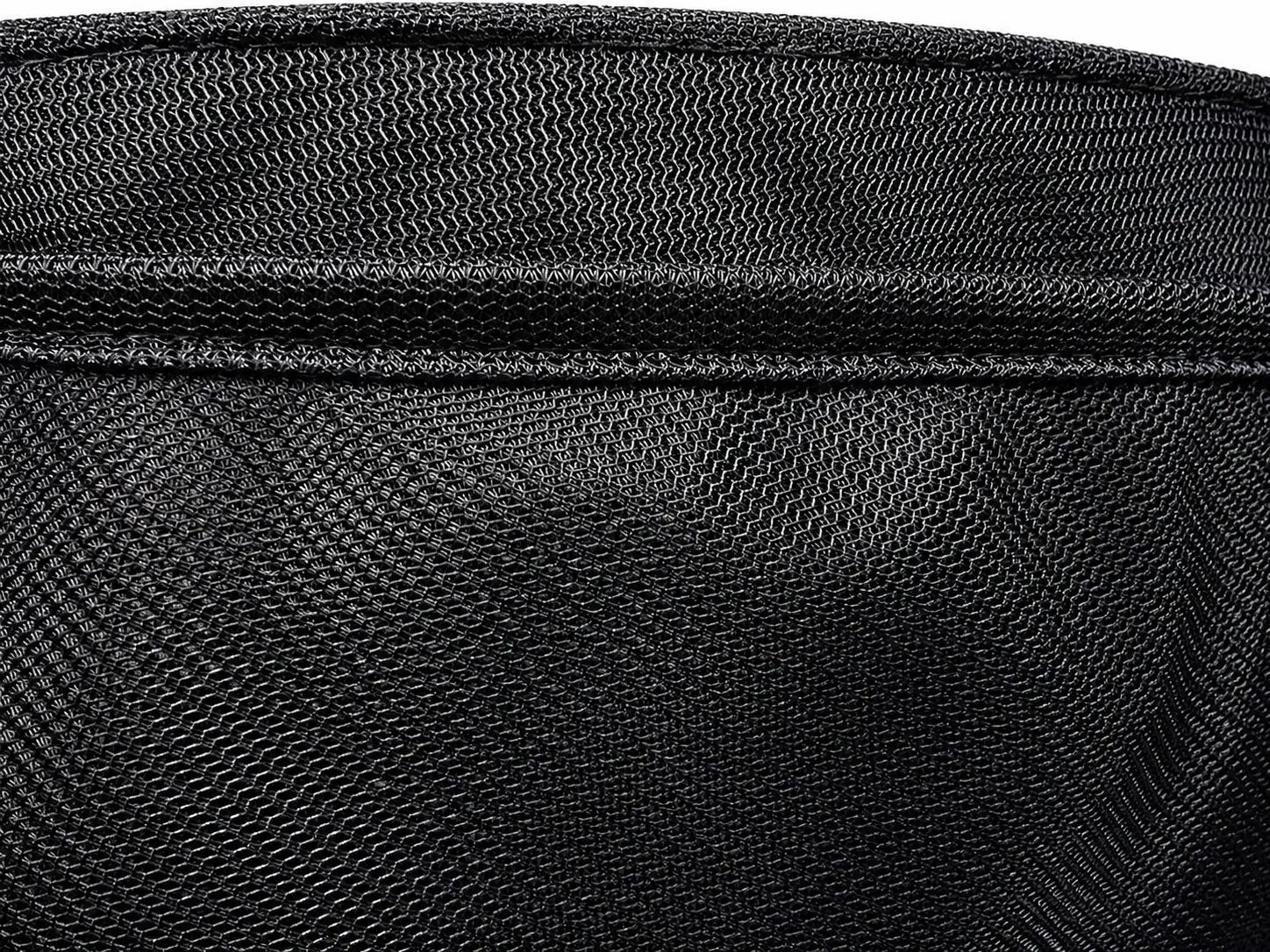 Close-up of a black woven bag with visible stitching