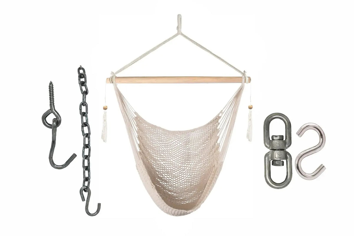 Beige hammock chair with hanging accessories on a white background