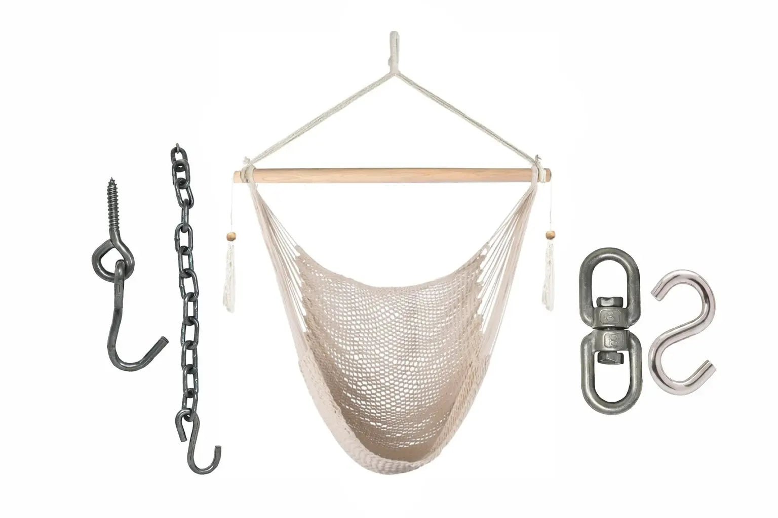 Beige hammock chair with hanging accessories on a white background